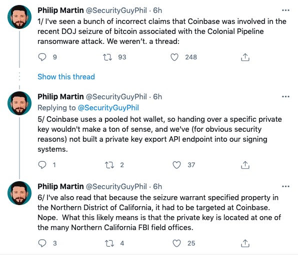 Philip Martin澄清Coinbase并未参与美国司法部扣押的比特币